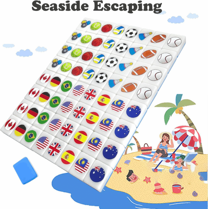 Seaside Escape Game Blocks， Mahjong Tile Game Sets with 65 Tiles 30Mm Flag and Ball Pattern with Handbag for Spring Picnic Party Gift. - Image 6