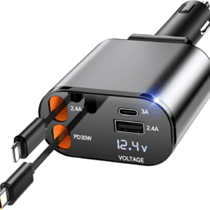 Retractable Car Charger Adapter,4 in 1 Fast Charging Car Phone Charger,69W USB C Car Truck Accessories,Road Trip Essentials Gift for Men Women for Iphone 16/15/14/13/12/11,Galaxy,Pixel