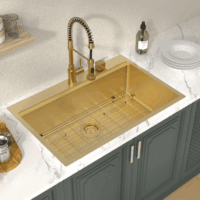 33 Drop in Kitchen Sink Workstation Gold 33X22 Drop in Sinks Stainless Steel 16 Gauge Single Bowl Handmade Topmount Kitchen Sink with Cutting Board - Image 2