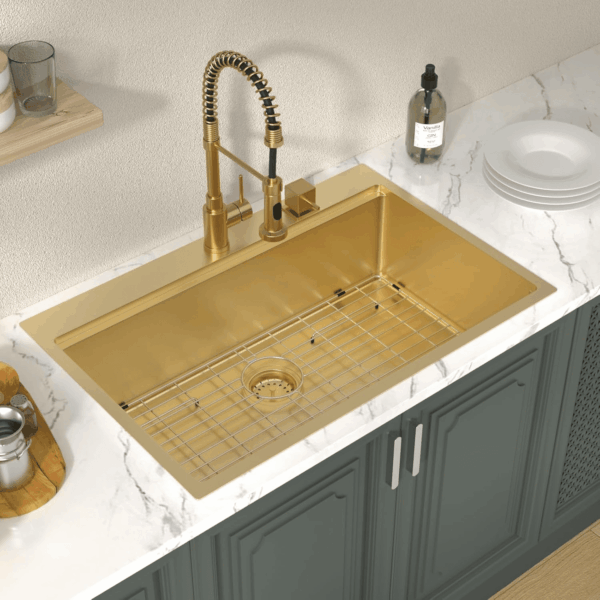 33 Drop in Kitchen Sink Workstation Gold 33X22 Drop in Sinks Stainless Steel 16 Gauge Single Bowl Handmade Topmount Kitchen Sink with Cutting Board - Image 2
