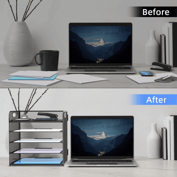 2 Pack 5-Tier Desk Organizer with Handle Mesh Desk File/Paper Organizer Letter Tray for Office, School and Home Easy Installation, Black - Image 4
