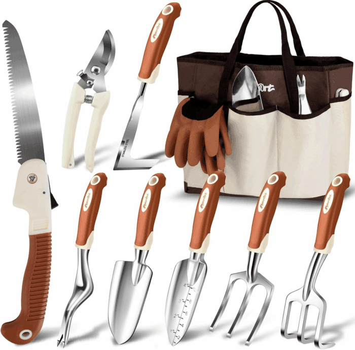 Garden Tool Set,10 Pcs Heavy Duty Gardening Hand Tool Kit for Women Aluminum with Non Slip Ergonomic Handle, Storage Tote Bag and Gardening Gloves, Ideal Gifts for Women and Men