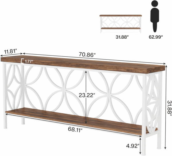 70.9-Inch Narrow Sofa Table, Industrial Long Sofa Table behind Couch, Entry Console Table with Storage for Entryway, Living Room, Foyer, Unique Design, Walnut/White - Image 2