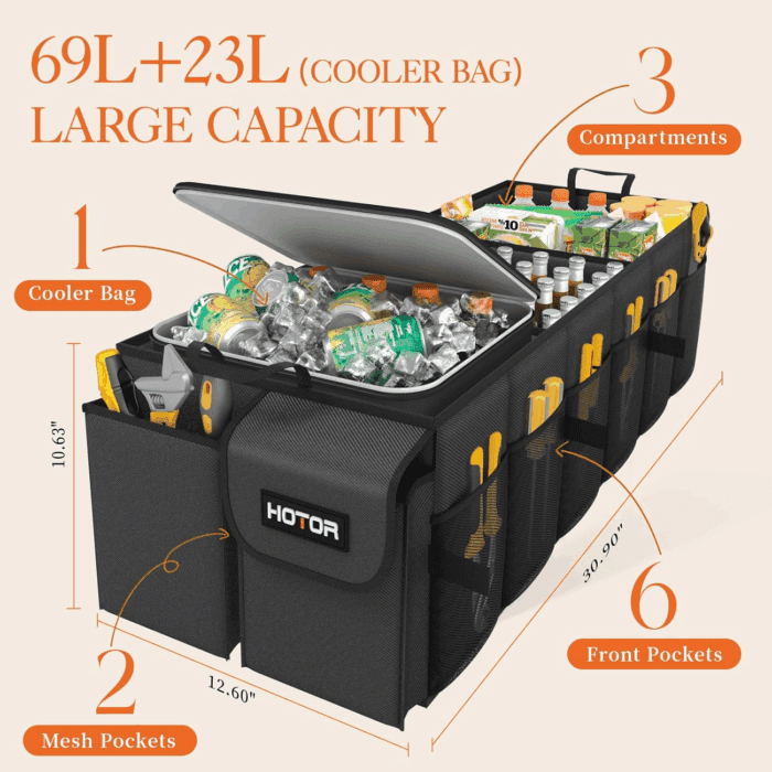 Trunk Organizer, Sturdy Foldable with Cooler for Car & SUV, 3 Compartments, Black, 30.90'12.60'10.63' - Image 2