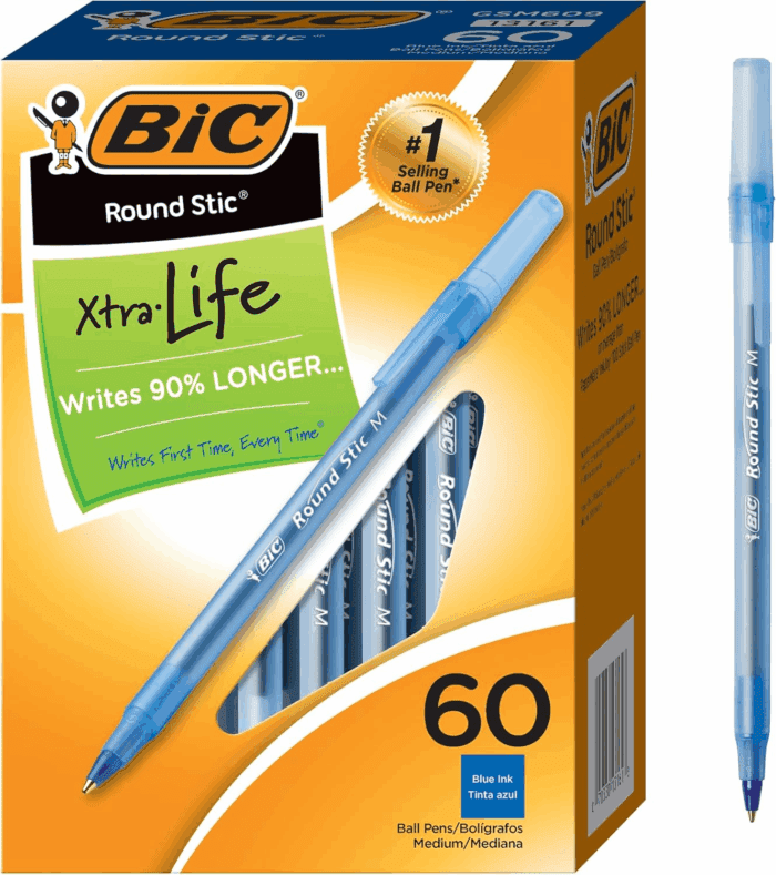 round Stic Xtra Life Ballpoint Pens, Medium Point (1.0Mm), Blue, Flexible round Barrel for Writing Comfort, 60-Count