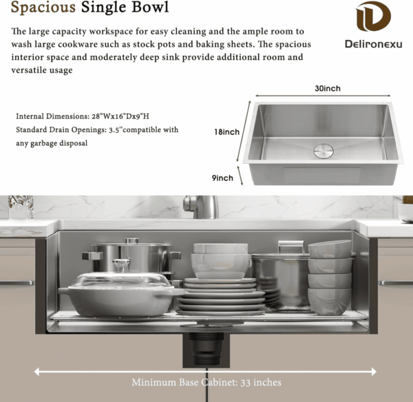 30 Inch Undermount Kitchen Sink -  18 Gauge Stainless Steel Single Bowl Kitchen Sinks 30"X18"X9" Handmade Design with Brushed, Includes Drain Kit (No Additional Accessories) - Image 3