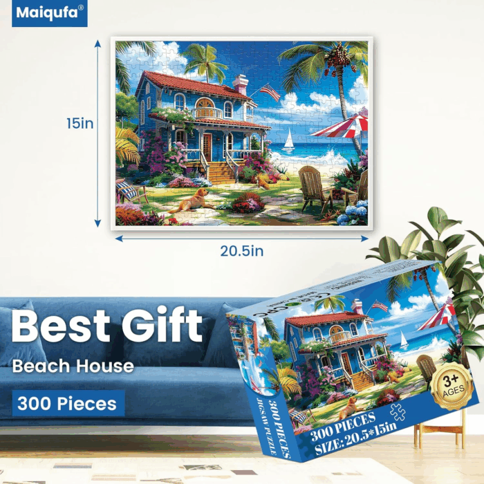 300 Pieces Puzzle for Adults | Beach House Puzzle | Recycled Cardboard Large Piece Jigsaw Puzzles 300 Pieces | Challenging Game Home Decor Birthday Party Gift Toy for Adults Kids Seniors 20.5*15 Inch - Image 2