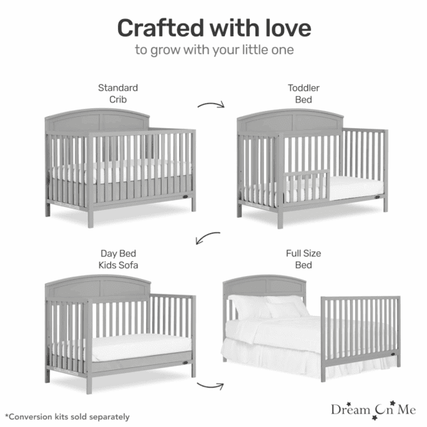 Storybrooke 5 in 1 Convertible Crib in Pebble Grey, JPMA & Greenguard Gold Certified, Built of Sustainable Pinewood, 3 Mattress Height Settings, Non-Toxic Water-Based Paint Finish - Image 4