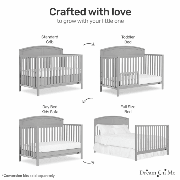 Storybrooke 5 in 1 Convertible Crib in Pebble Grey, JPMA & Greenguard Gold Certified, Built of Sustainable Pinewood, 3 Mattress Height Settings, Non-Toxic Water-Based Paint Finish - Image 4