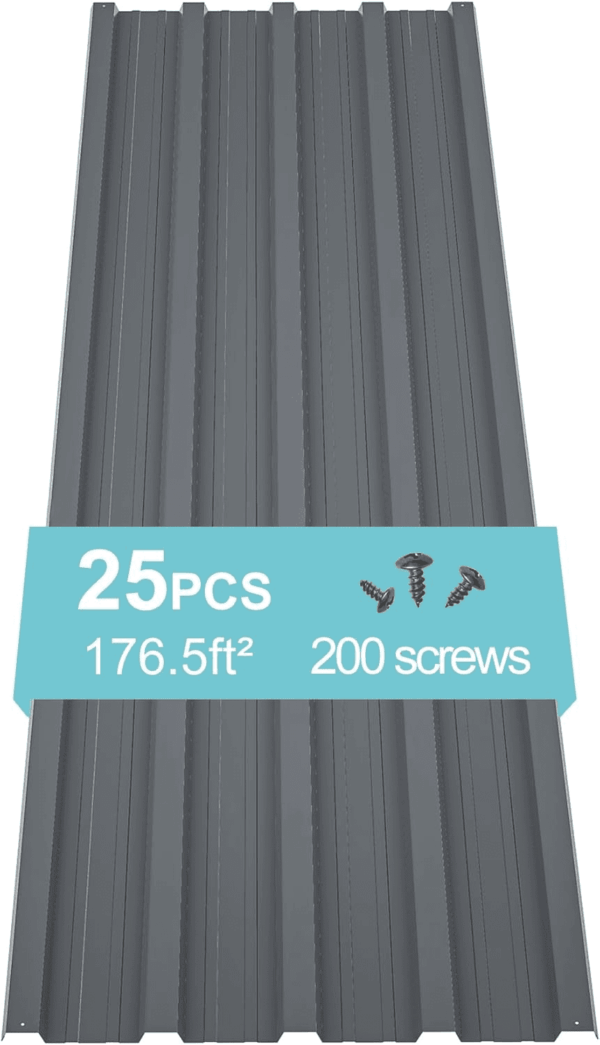 Metal Roof Panels 25 Pcs 176.5 Ft² Galvanized Steel Corrugated Tin Roofing Panels Gazebo Top Cover Garages,Sheds, Stables and Mobile Homes Replacement for Patio Outdoor Garden, Gray