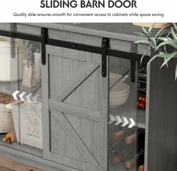 Farmhouse Sideboard Buffet Cabinet, Coffee Bar Storage with Sliding Barn Doors, Shelf for Home Dining Room, Grey - Image 7
