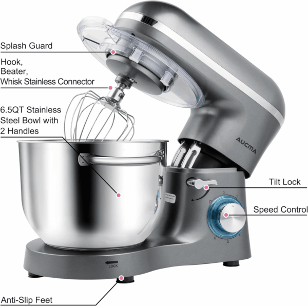 Stand Mixer,6.5-Qt 660W 6-Speed Tilt-Head Food Mixer, Kitchen Electric Mixer with Dough Hook, Wire Whip & Beater (6.5QT, Gray) - Image 2