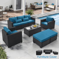 6 Pieces Outdoor Patio Furniture Sets with Furniture Cover, PE Rattan Wicker Patio Conversation Set with Tea Table (Peacock Blue, Rattan Storage Table) - Image 2