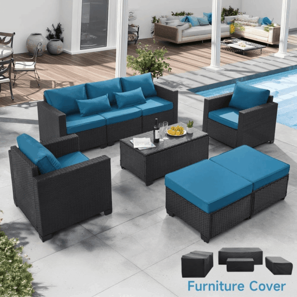 6 Pieces Outdoor Patio Furniture Sets with Furniture Cover, PE Rattan Wicker Patio Conversation Set with Tea Table (Peacock Blue, Rattan Storage Table) - Image 2