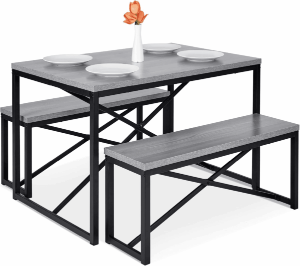 45.5In 3-Piece Bench Style Dining Furniture Set, 4-Person Space-Saving Dinette for Kitchen, Dining Room W/ 2 Benches, Table - Gray/Black