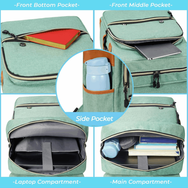 Vintage Laptop Backpack for Women Men,15.6 Inch Bookbag Casual Daypack with USB Charging Port for College Work, Green Backpacks - Image 5