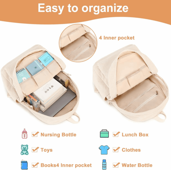 School Backpack for Teens Large Corduroy Bookbag Lightweight 17 Inch Laptop Bag for Girls Women Casual High School College (Corduroy-Beige) - Image 5