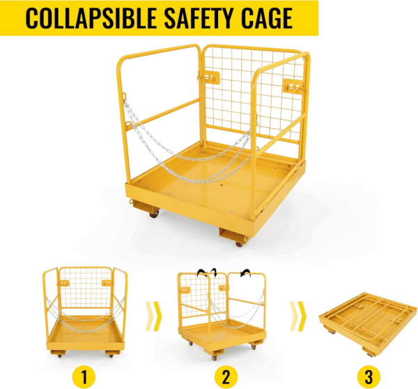 Forklift Safety Cage Aerial Rails 36"X36" Inch Heavy Duty Steel Forklift Safety Work Platform with 4 Universal Wheels Fold down Lift Basket 1150 Lbs Capacity - Image 4