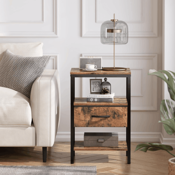 Nightstand with Charging Station, Bed Side Table with Adjustable Fabric Drawer, Night Stand for Bedroom, 3-Tier Storage End Table, for Living Room, Rustic Brown - Image 2