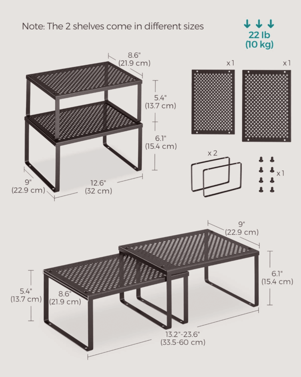 Spice Racks, Cabinet Shelf Organizers, Shelf Organizers, Countertop Organizers, Shelf Risers, Stackable, Expandable, Set of 2 Metal Kitchen Counter Shelves, Brown UKCS01BR - Image 2