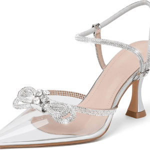 Women'S Closed Toe Rhinstone Wedding Low Heel Slingback Clear Kitten Heels,Adjustable Strap Pointed Toe Bow Pumps High Heeled Prom Dress Shoes