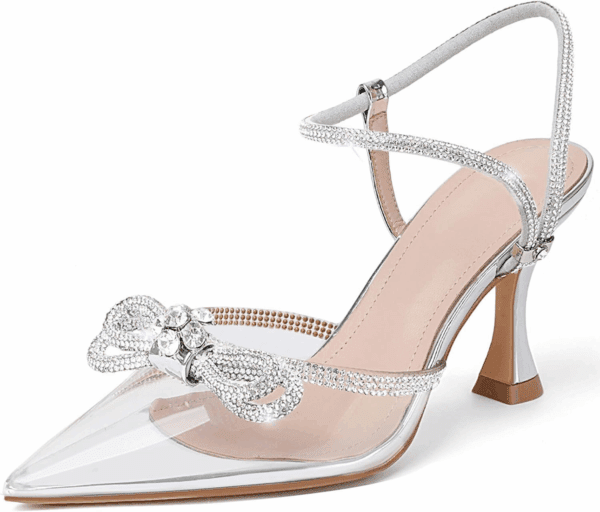 Women'S Closed Toe Rhinstone Wedding Low Heel Slingback Clear Kitten Heels,Adjustable Strap Pointed Toe Bow Pumps High Heeled Prom Dress Shoes