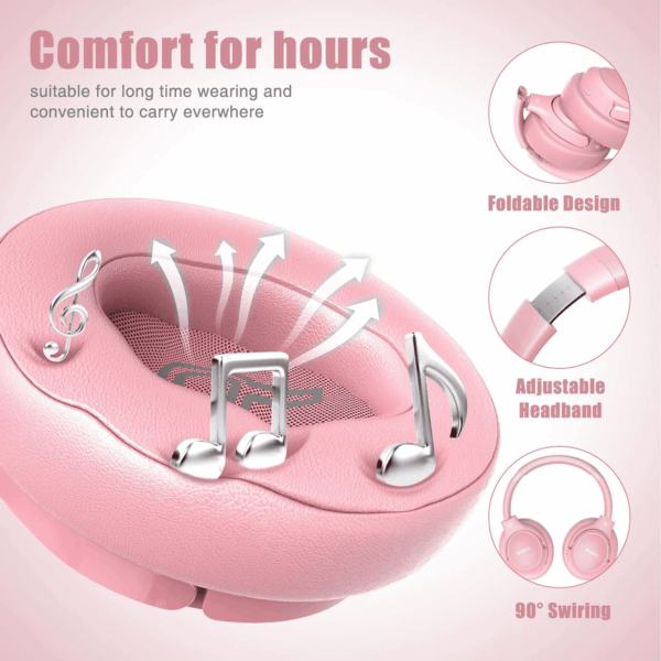 Bluetooth Wireless Headphones over Ear, 65H Playtime and 6 EQ Music Modes with Microphone, Hifi Stereo Foldable Lightweight Headset, Deep Bass for Home Office Cellphone PC Etc.(Pink) - Image 4