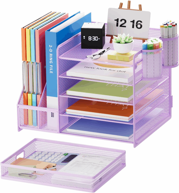 Desk Organizer with File Holder, 5-Tier Paper Letter Tray Organizer with Drawer and 2 Pen Holder, Mesh Desktop Organizer and Storage with Magazine Holder for Office Supplies(Purple) - Image 2