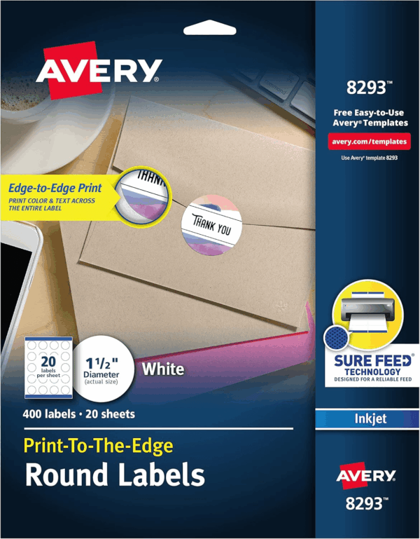 Matte White round Labels, Sure Feed Technology, Permanent Adhesive, 1-1/2", 400 Labels (8293)