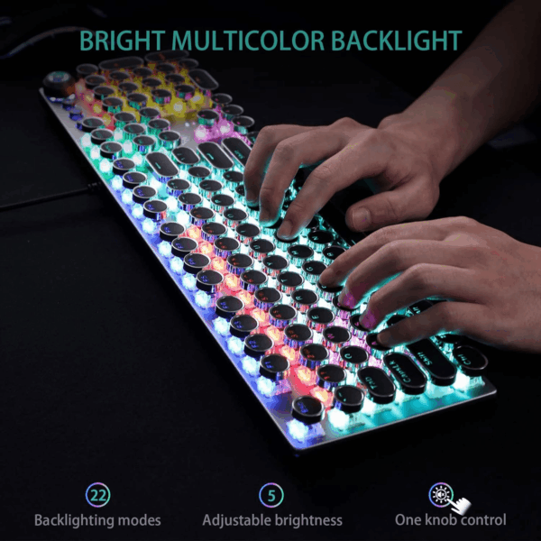 F2088 Typewriter Style Mechanical Gaming Keyboard Blue Switches,Rainbow LED Backlit,Removable Wrist Rest,Media Control Knob,Retro Punk round Keycaps,Usb Wired Computer Keyboard - Image 2