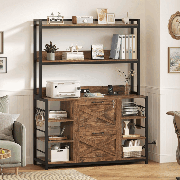 File Cabinet, Filing Cabinet Fits Legal/Letter/A4 Size, 2 Drawer Filing Cabinets for Home Office with Lock, Power Strip and Open Storage Shelves, Rustic Brown - Image 7