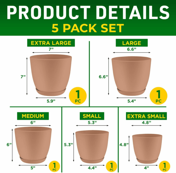 Planter Pots with Drainage Holes - Lightweight, Durable, and Space-Saving Pots for Indoor and Outdoor - Versatile Functionality, Simple Modern Design, Set of 5 Plastic Planter Pots - Pink - Image 2