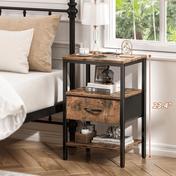 Nightstand with Charging Station, Bed Side Table with Adjustable Fabric Drawer, Night Stand for Bedroom, 3-Tier Storage End Table, for Living Room, Rustic Brown - Image 3