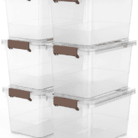 6-Pack Clear 7 Quart Storage Latch Box/Bins, Plastic Stackable Latching Box with Brown Handle and Lid, Multi-Purpose, 7 Litre