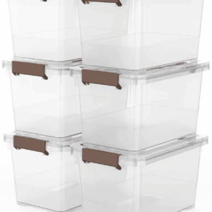6-Pack Clear 7 Quart Storage Latch Box/Bins, Plastic Stackable Latching Box with Brown Handle and Lid, Multi-Purpose, 7 Litre