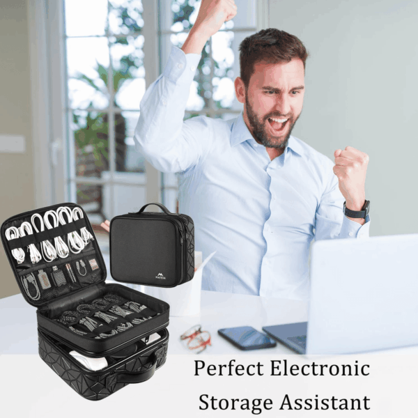 Cable Organizer Bag, Waterproof Travel Electronic Storage with Adjustable Divider, Shockproof Portable Double Layer Tech Bag Carrying Case for Cord, Earbuds, Charger, SD Card, DJ Gifts, Black - Image 9