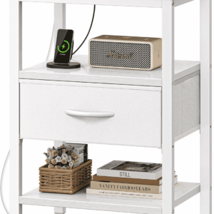 Nightstand with Charging Station, Bed Side Table with Adjustable Fabric Drawer, Night Stand for Bedroom, 3-Tier Storage End Table, for Living Room, White