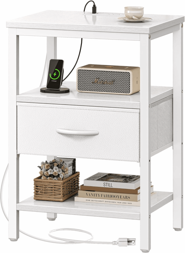 Nightstand with Charging Station, Bed Side Table with Adjustable Fabric Drawer, Night Stand for Bedroom, 3-Tier Storage End Table, for Living Room, White