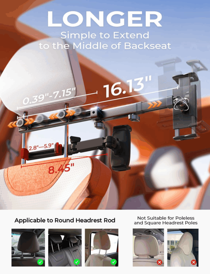 3 in 1 for Ipad Holder for Car Accessories for Women Interior Road Trip Essentials Backseat Car Organizer Car Tv for Back Seat Headrest Tablet Holder Ipad Car Mount Kids Fire Tablet 4.7-11" - Image 9