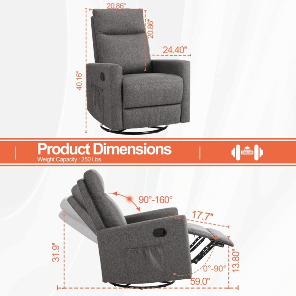 Recliner Chair, 360 Swivel Rocker Chair for Adults, Glider Rocker Recliners, Nursery Chairs for Living Room, High Back, Upholstered Deep Seat, Grey - Image 2