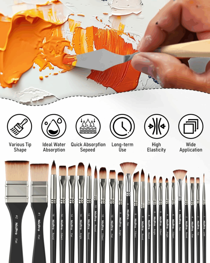 26Pcs Paint Brush Set, Professional Paintbrushes with Palette Knife, Craft Paint Brushes for Acrylic Painting, Oil, Watercolor, Gouache & Canvas, Drawing & Art Supplies for Adults, Kids Artists - Image 4