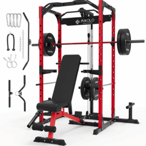 Power Cage,1200Lbs Multi-Function Power Rack with LAT Pulldown, Low Row Pulley System and More Training Attachment, Packages with Weight Bench, Olympic Barbell Weight Set