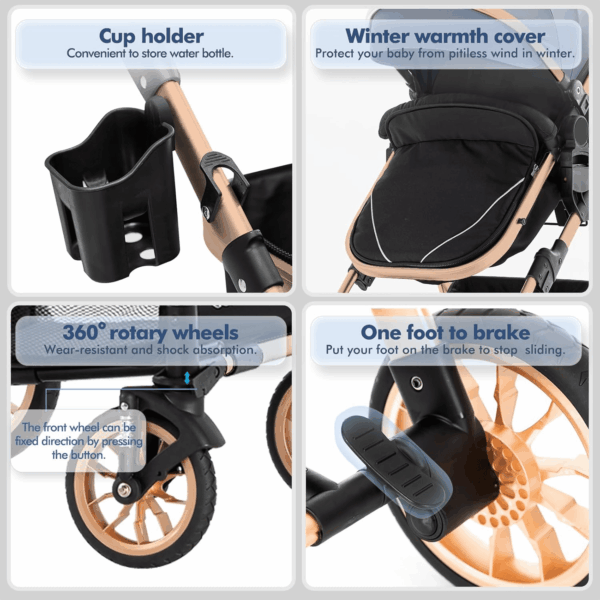 Baby Stroller for Toddler,Bassinet Stroller,Foldable Aluminum Alloy Pushchair with Adjustable Backrest,Adjustable Direction Gold Black. - Image 5