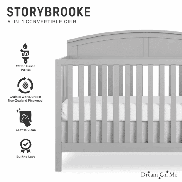 Storybrooke 5 in 1 Convertible Crib in Pebble Grey, JPMA & Greenguard Gold Certified, Built of Sustainable Pinewood, 3 Mattress Height Settings, Non-Toxic Water-Based Paint Finish - Image 3
