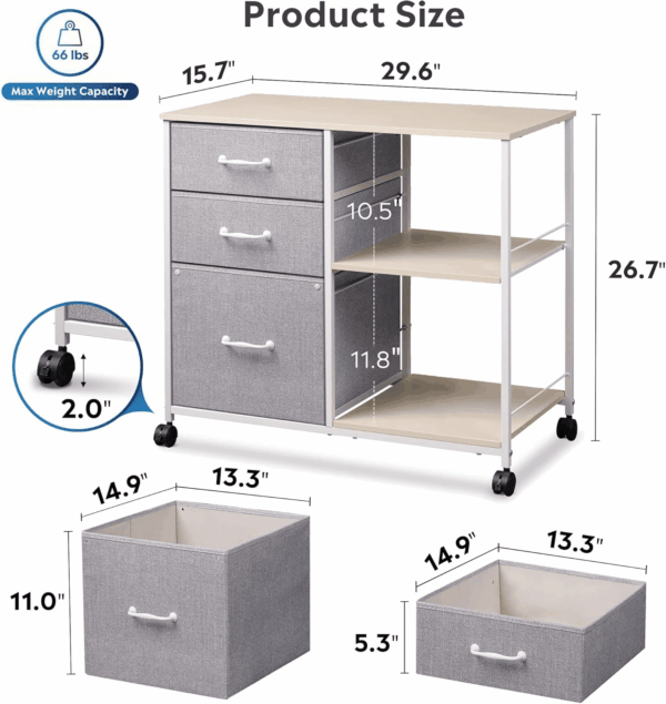3 Drawer Mobile File Cabinet, Rolling Printer Stand with Open Storage Shelf, Fabric Lateral Filing Cabinet Fits A4 or Letter Size for Home Office, Light Grey - Image 3