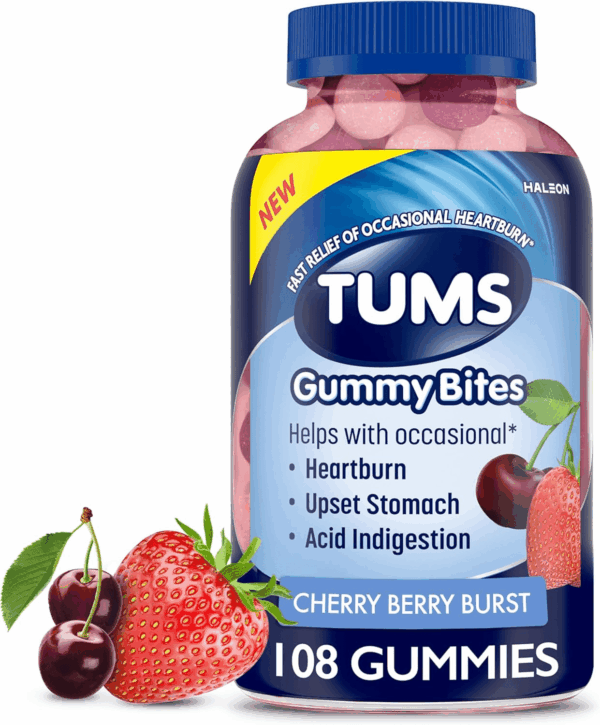 Gummy Bites Dietary Supplement for Occasional Heartburn Relief, Upset Stomach and Acid Indigestion, Great for a Summer BBQ - Cherry Berry Burst - 108 Count