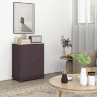 Sideboard with Solid Wood Countertop, Modern Kitchen Storage Cabinet, Coffee Bar Cabinet with 2 Drawers, Doors and Adjustable Shelf, Coffee - Image 2