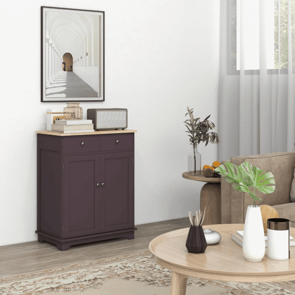 Sideboard with Solid Wood Countertop, Modern Kitchen Storage Cabinet, Coffee Bar Cabinet with 2 Drawers, Doors and Adjustable Shelf, Coffee - Image 2