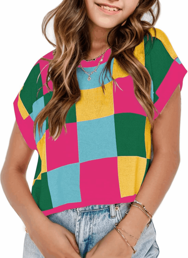 Girls Summer Crop Tops Spring Vest Cute Tanks Cap Sleeve Colorblock Tee Loose Kids Fall Knit Top
