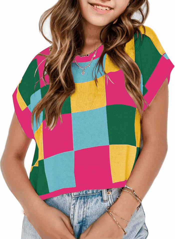 Girls Summer Crop Tops Spring Vest Cute Tanks Cap Sleeve Colorblock Tee Loose Kids Fall Knit Top